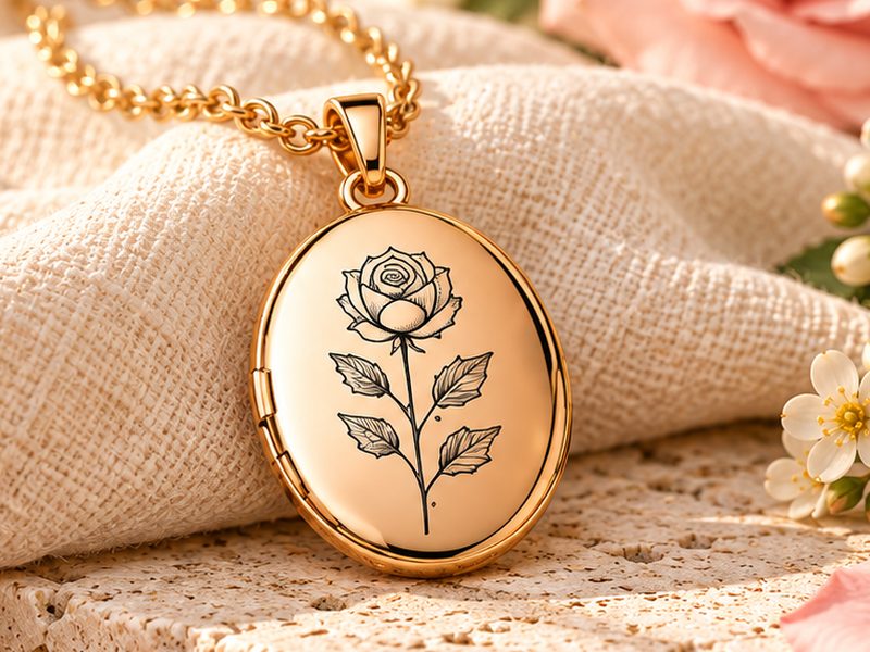 Gold oval locket engraved with a rose, resting on linen.