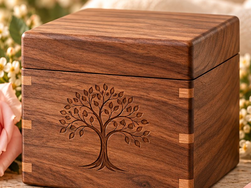 Walnut keepsake box engraved with a tree of life.