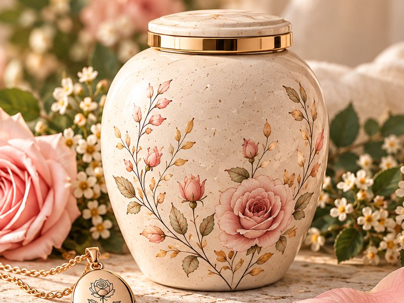 Floral ceramic ashes urn surrounded by roses and blossom.