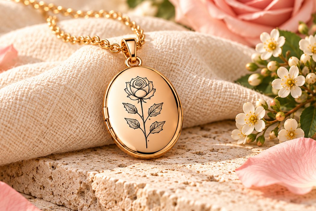 Close view of a gold locket engraved with a long-stemmed rose.