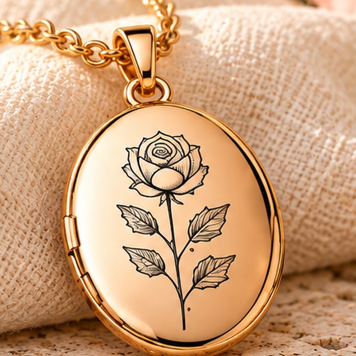 Gold plated oval locket engraved with a rose.