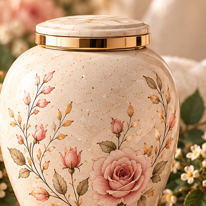 Blossom ceramic urn painted with roses and trailing leaves.