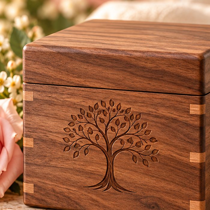 Walnut keepsake box with a carved tree of life.