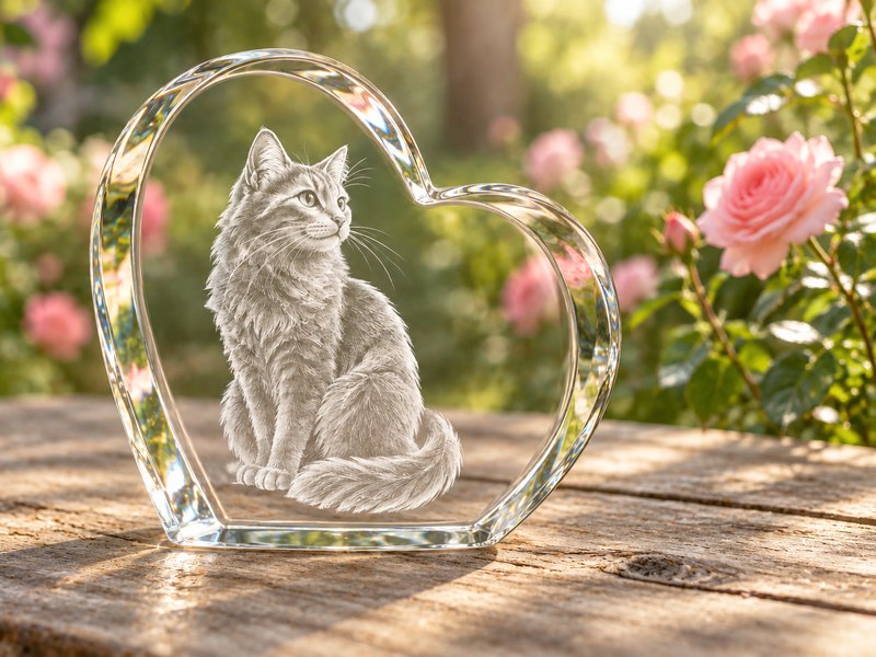 An engraved crystal heart showing a cat, standing on weathered wood among garden roses.