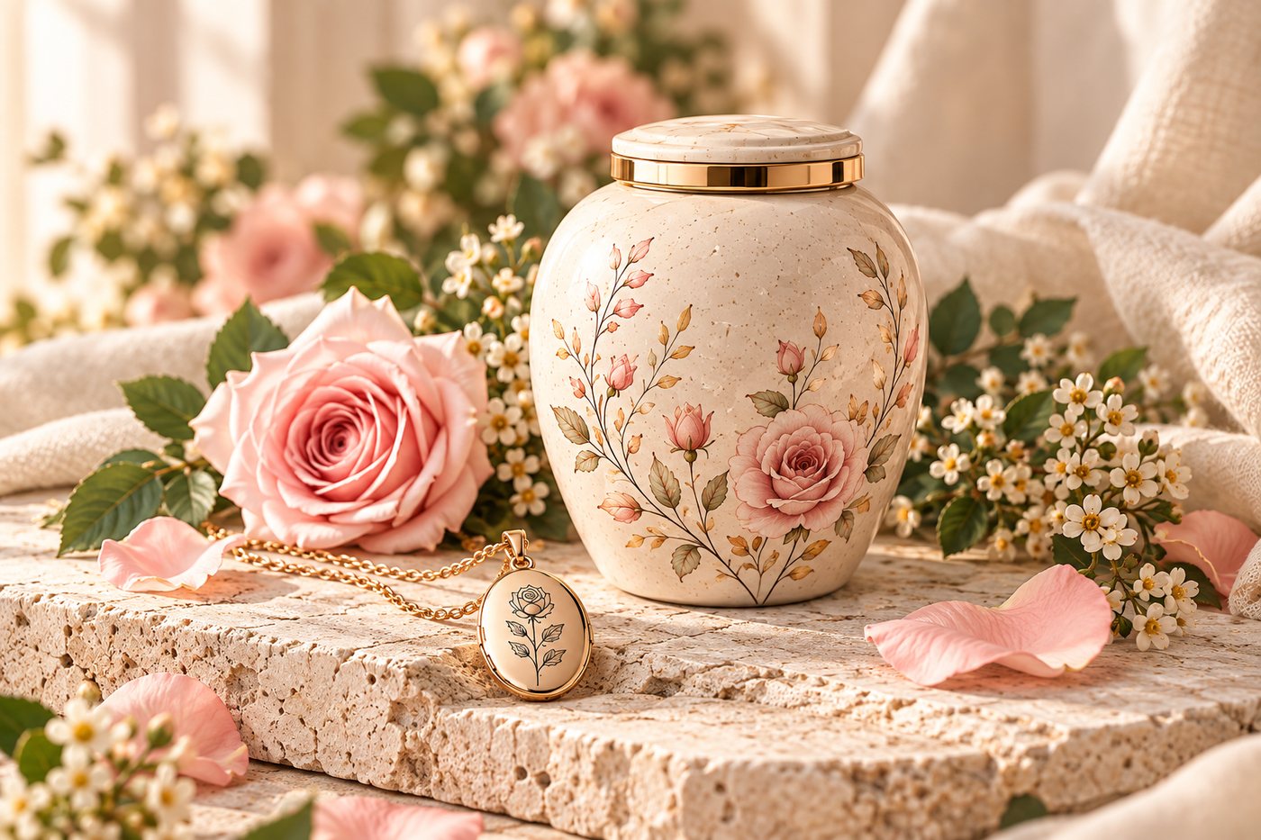 A floral ceramic ashes urn beside a gold rose locket, roses and a lit candle.
